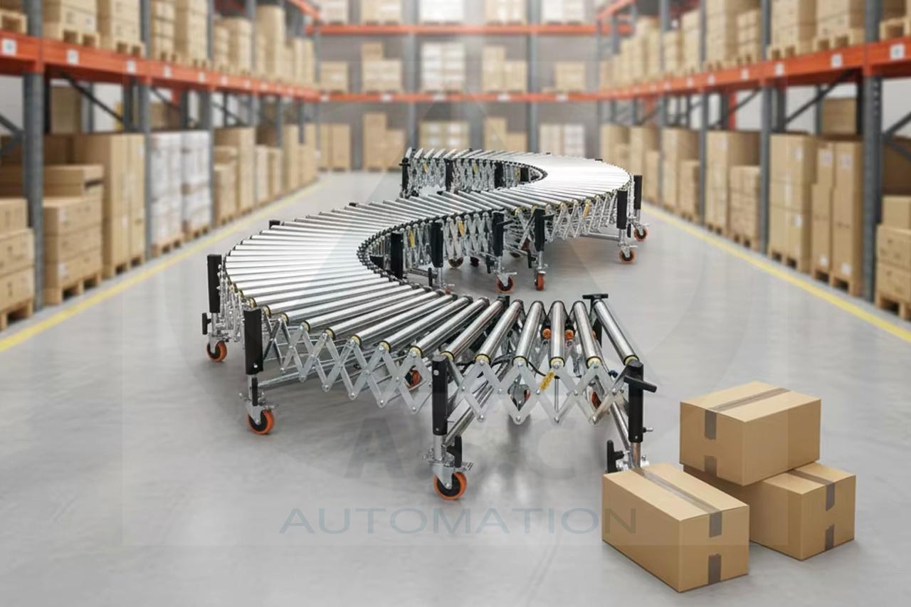Hệ thống băng tải con lăn trong kho hàng sử dụng biến tần để điều chỉnh tốc độ, hỗ trợ vận chuyển hàng hóa ổn định và linh hoạt.