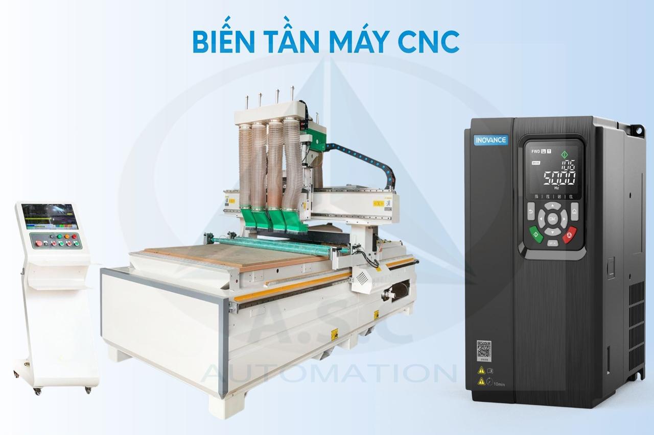 Biến tần điều khiển tốc độ spindle cho máy khắc gỗ CNC nhiều đầu, giúp máy vận hành ổn định và gia công chính xác.