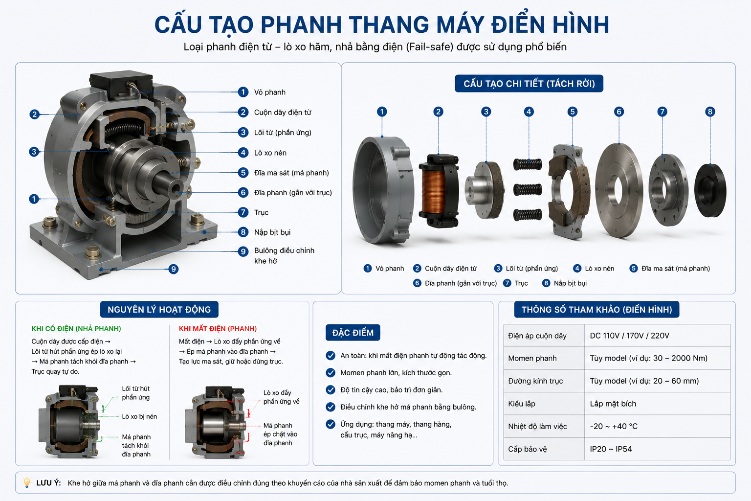 Cấu tạo phanh thang máy thông dụng